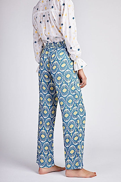 Peony Hose Blau 2: Leinenhose, Bund, blau-gelb