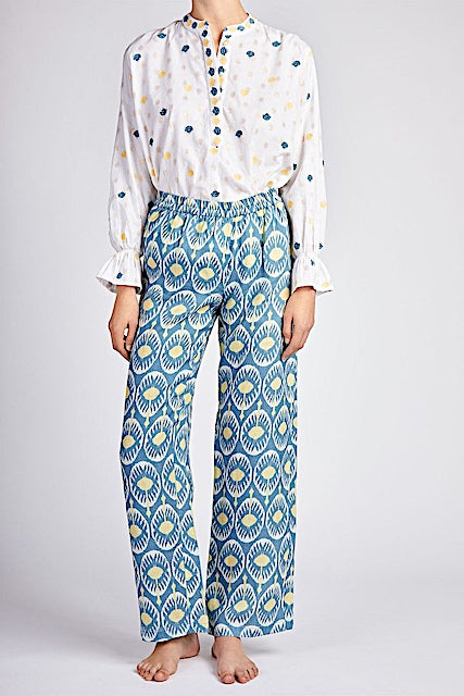 Peony Hose Blau 3: Leinenhose, Bund, blau-gelb