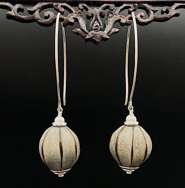 Perlennuss - Silber Ohrringe: Ohrhänger, Perlen, Holzelemente, Elemente Silber