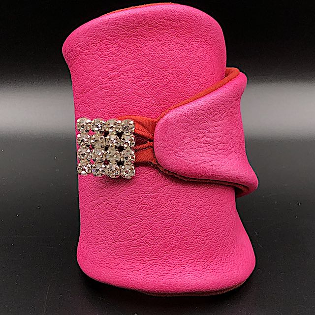 Pink Strass - Stulpen, Pinkes Leder, rotes Velour, Strassknöpfe