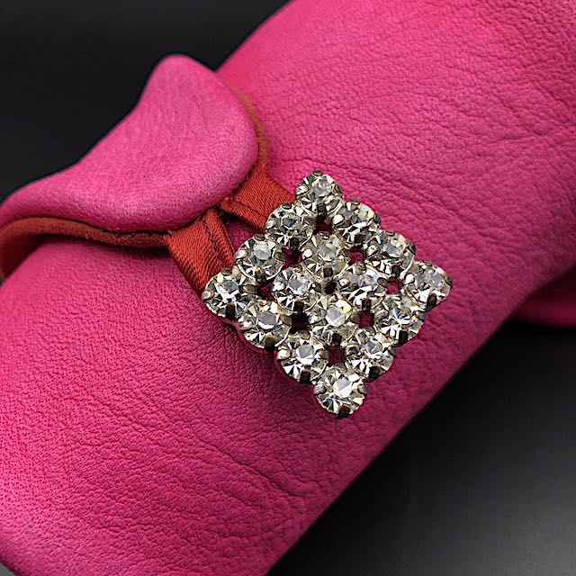 Pink StrassD - Stulpen, Pinkes Leder, rotes Velour, Strassknöpfe
