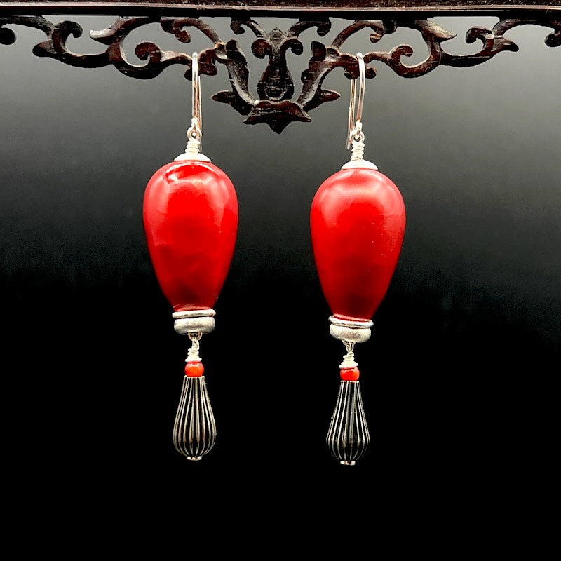 Roter Papierballon - Silber Ohrringe: Ohrhaken, Papierperle, emaillierte Silbertropfen