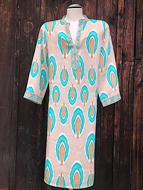 Sapphire Kaftan nto: Leinen, bestickt, Stehkragen, 3/4 Ärmel, Schlitze