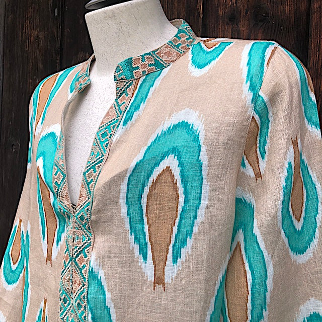 Kaftan ntod: Leinen, bestickt, Stehkragen, 3/4 Ärmel, Schlitze