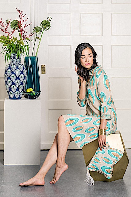 Kaftan nude: Leinen, bestickt, Stehkragen, 3/4 Ärmel, Schlitze
