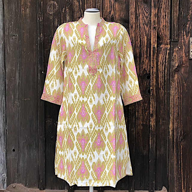 Sapphire Kaftan o: Leinen, bestickt, Stehkragen, 3/4 Ärmel, Schlitze