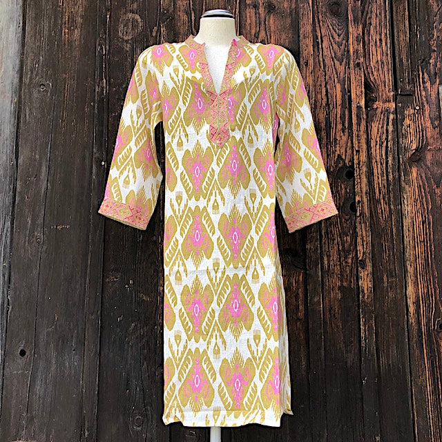 Sapphire Kaftan o5: Leinen, bestickt, Stehkragen, 3/4 Ärmel, Schlitze